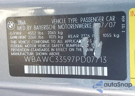 2007 BMW 328Xi z USA, uszkodzony, nr VIN WBAWC33597PD07713